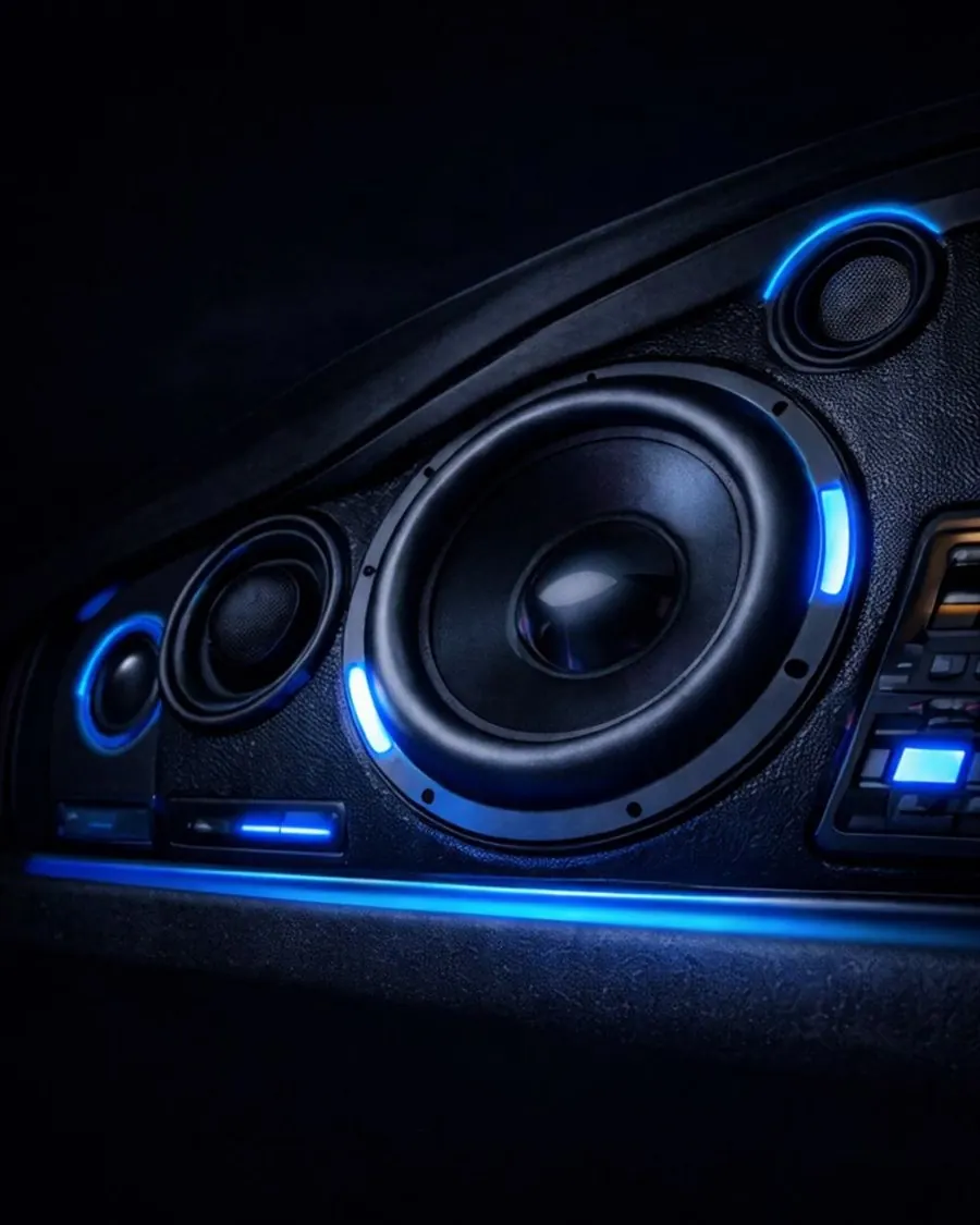 Subwoofer e som automotivo com iluminação azul